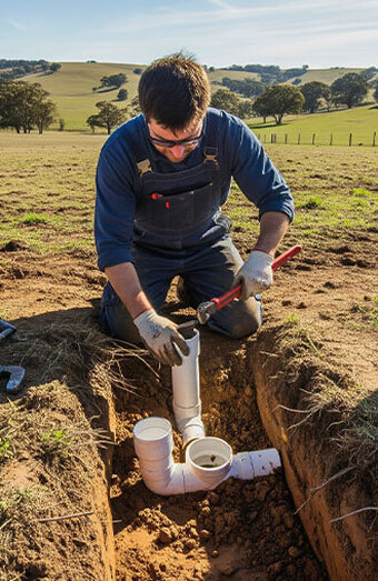 Plumber Fitting Drain Pipe Trench